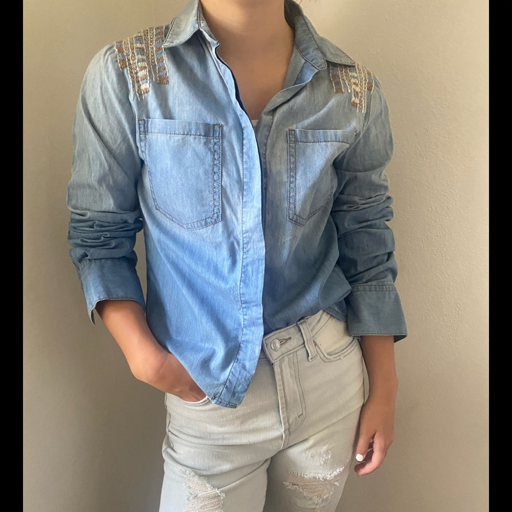 Denim shirt chambray top button down button up embroidery on the shoulder